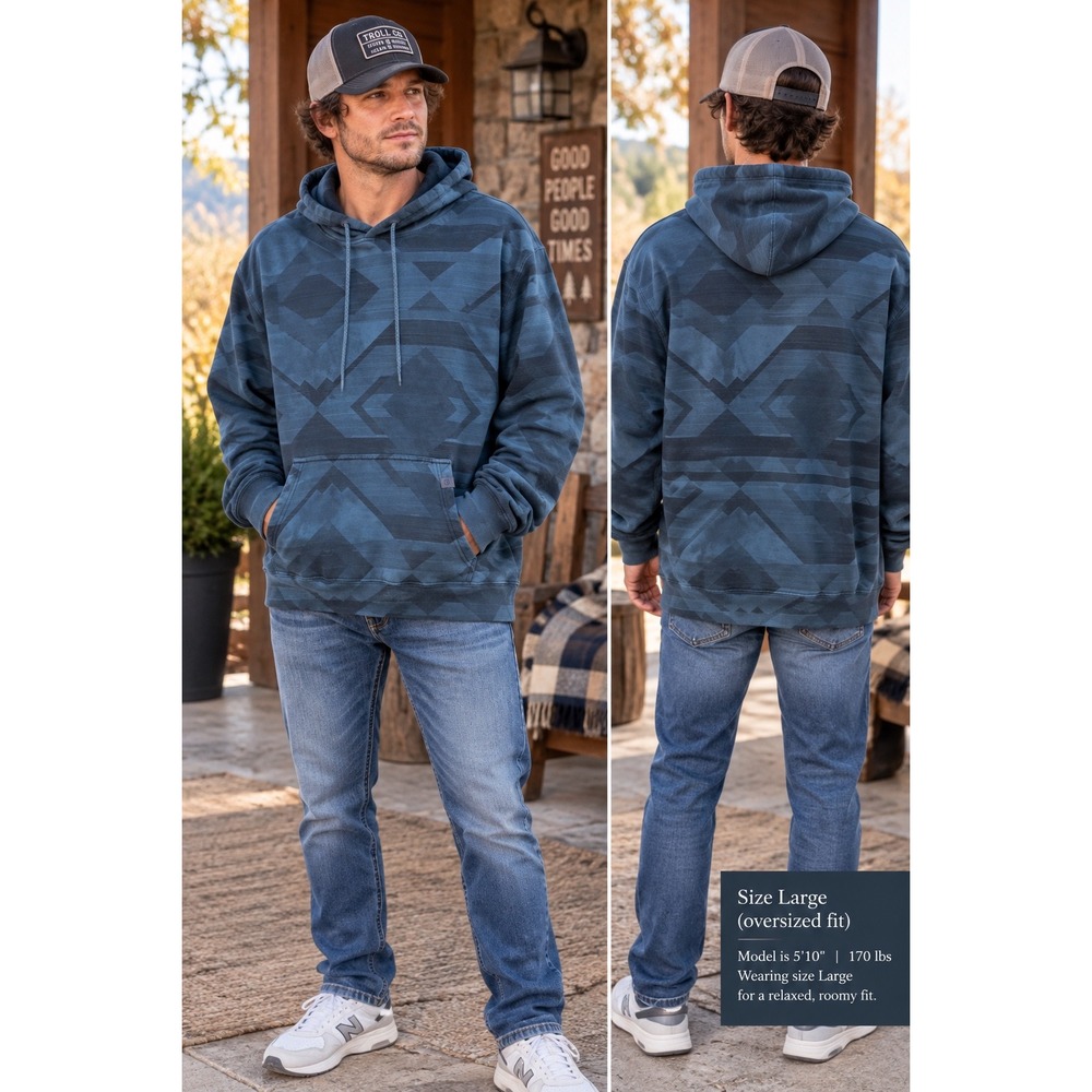 Troll Co. Men's Large Blue Southwestern Geometric Hoodie Dirty Hands Clean Money